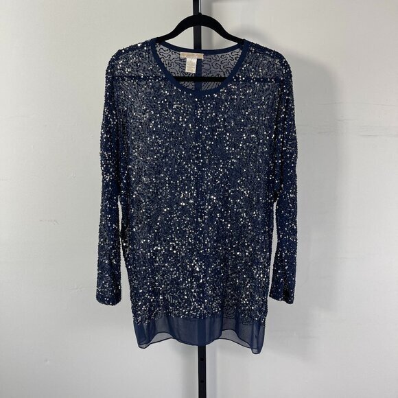 Gold Hawk Women's Navy Blue Sheer Embellished Sequin Tunic Dressy Size Small - Picture 1 of 8